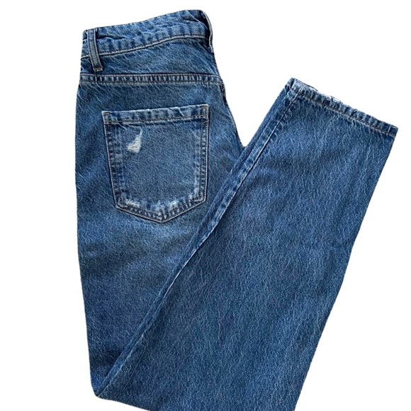 Zara Ultra High Rise Busted Right Knee Distressed Faded Wash Tapered Leg Jeans 4 - Picture 5 of 7